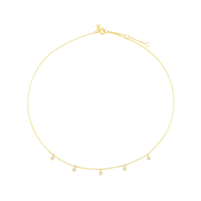 Full photo of EF Collection 5 Diamond Bezel Choker Necklace in yellow gold on white background.