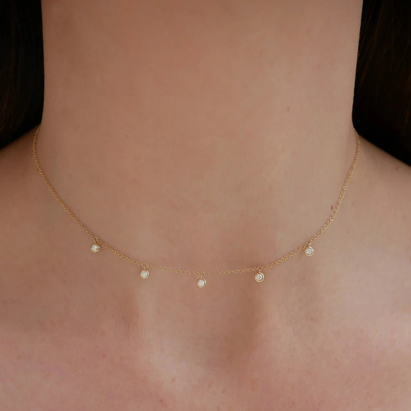 Single EF Collection 5 Diamond Bezel Choker Necklace in yellow gold on models neck