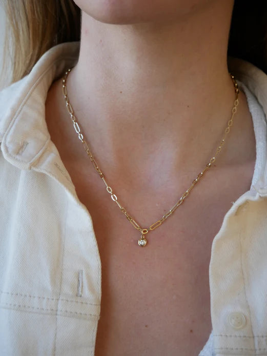 EF Collection Diamond Pillow Mini Mixed Chain Necklace in yellow gold styled on models neck.