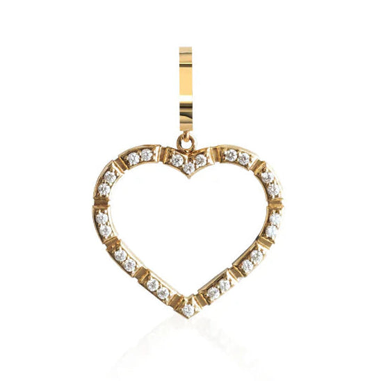 Onirikka Glimmer Diamond Heart Charm in 18k yellow gold with pavé diamonds, featuring an enhancer clip for easy attachment to most chains.