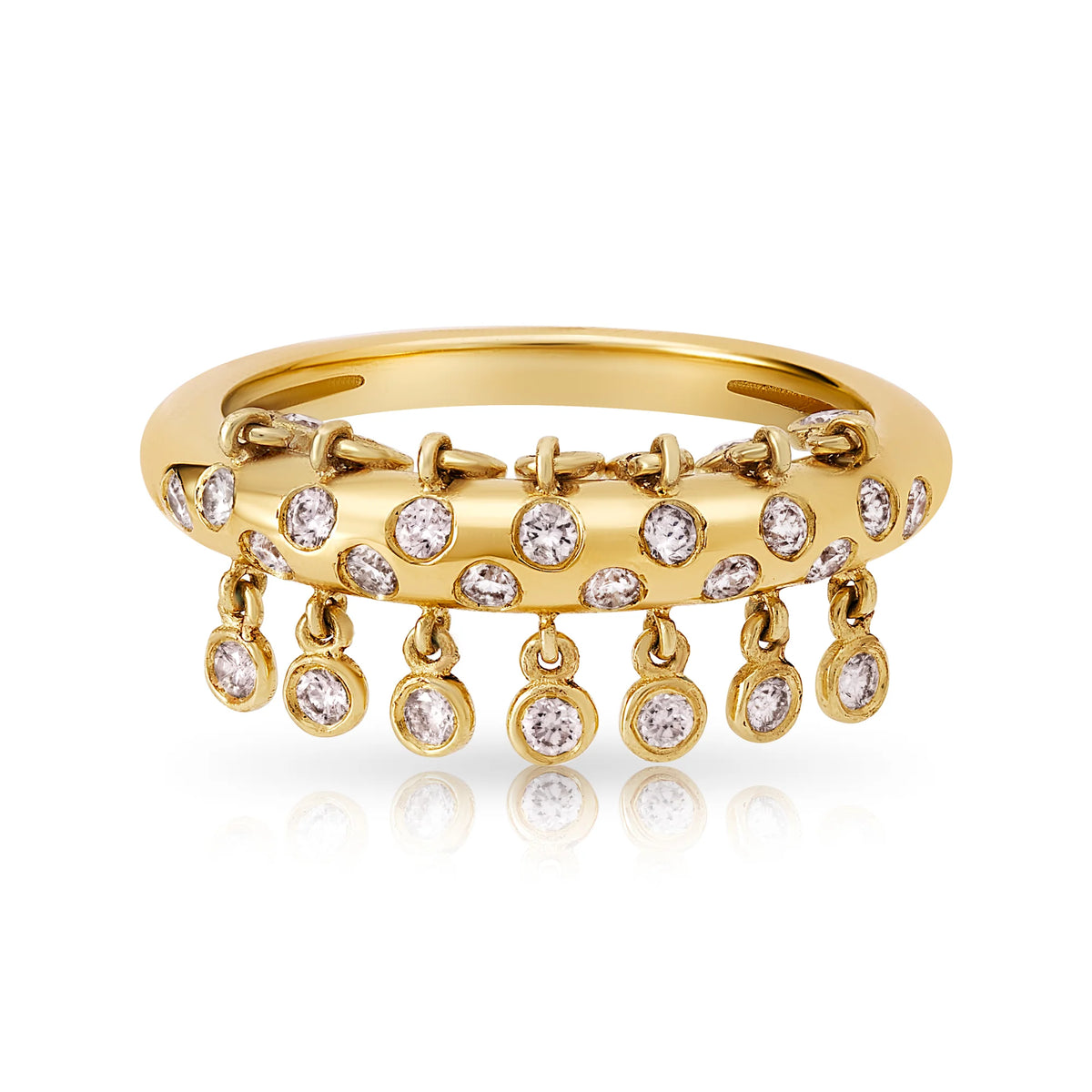 Onirikka Caviar Ring in polished 14k yellow gold with 0.46ctw bezel-set diamonds — elegant gold ring with dangling diamonds.