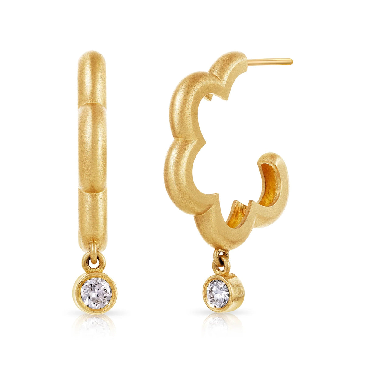 Product Shot of Onirikka Floret hoop earrings with a diamond drop in yellow gold on a white background.