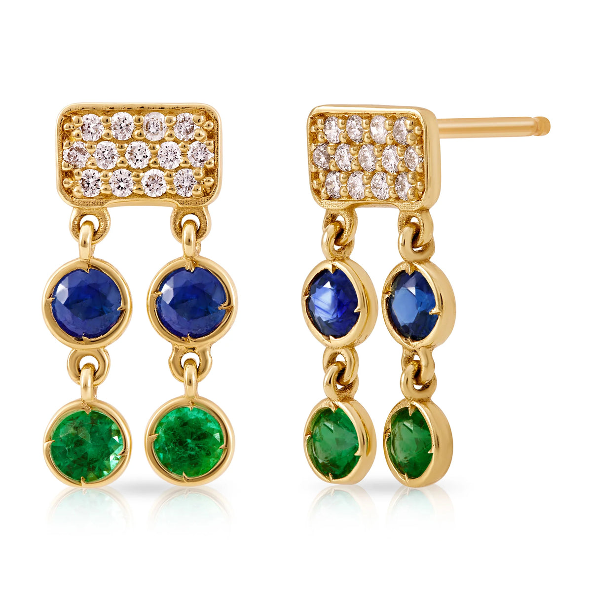Product shot of Onirikka Petite Caviar Earrings with diamonds, sapphires and emeralds in yellow gold on a white background.
