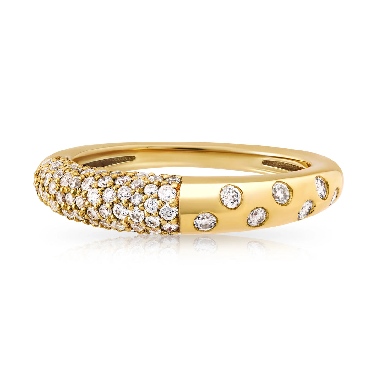 Product shot of Onirkka Synergy Band Ring in yellow gold and diamonds on a white background.