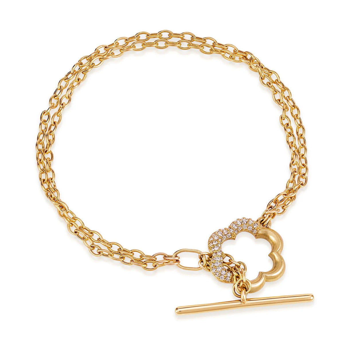 product shot of Onirikka Floret Toggle Bacelet in 18k yellow gold on a white background