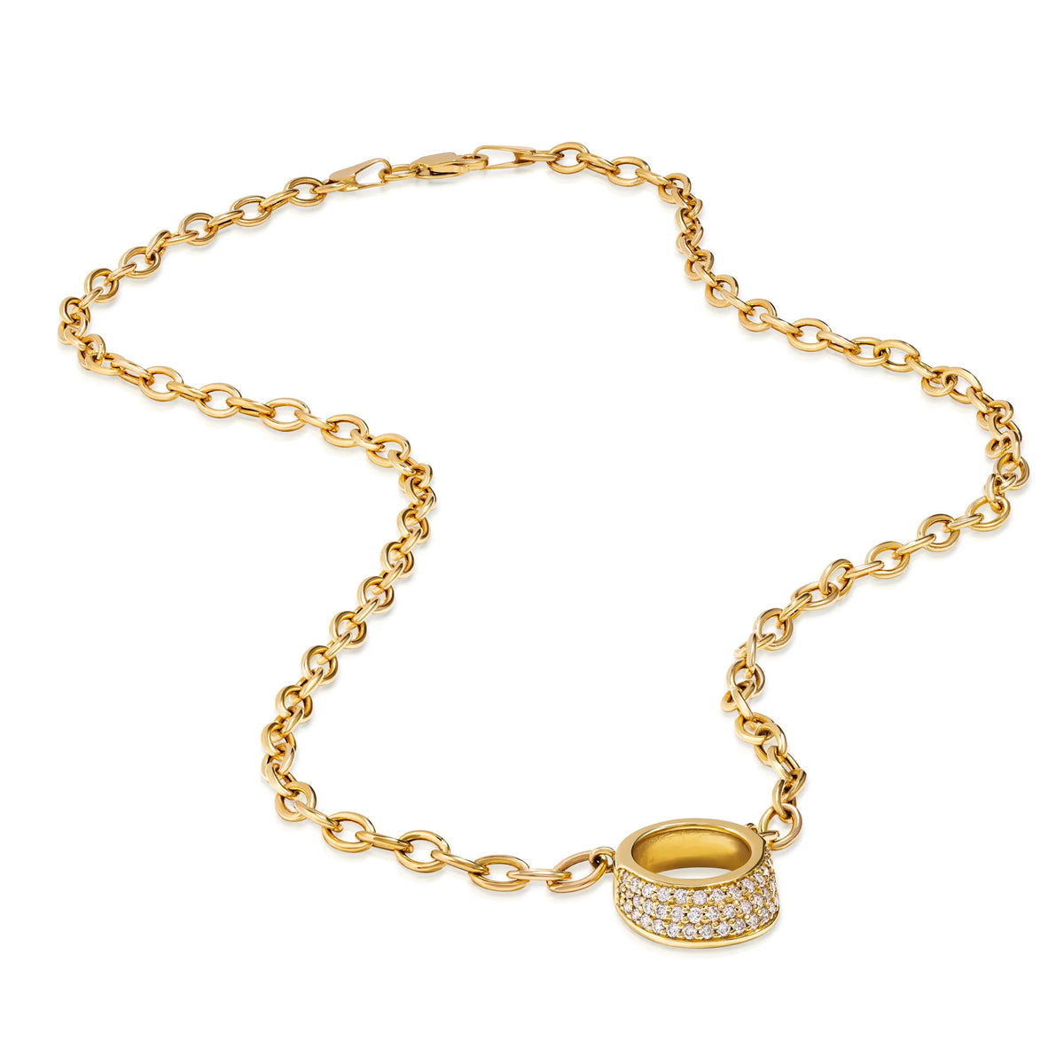 Product shot of Onirikka La Luz Necklace in polished 14k yellow gold with pavé diamonds on a 3.3 mm 16-inch rolo chain on a white background.