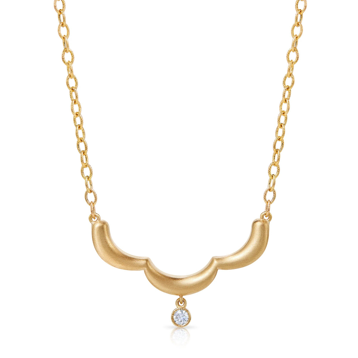 Product Shot of Onirikka Midi Floret Necklace in satin 14k yellow gold with a diamond pendant on an 18-inch rolo chain.