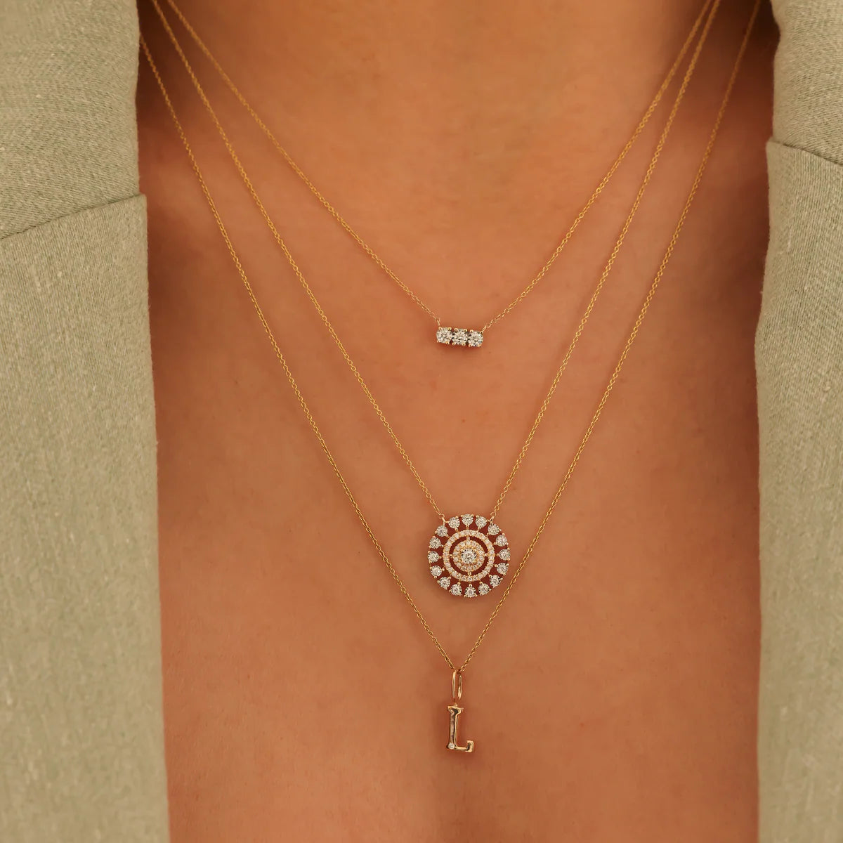 Close up of Dana Rebecca Designs Ava Bea Bar Necklace in yellow Gold.