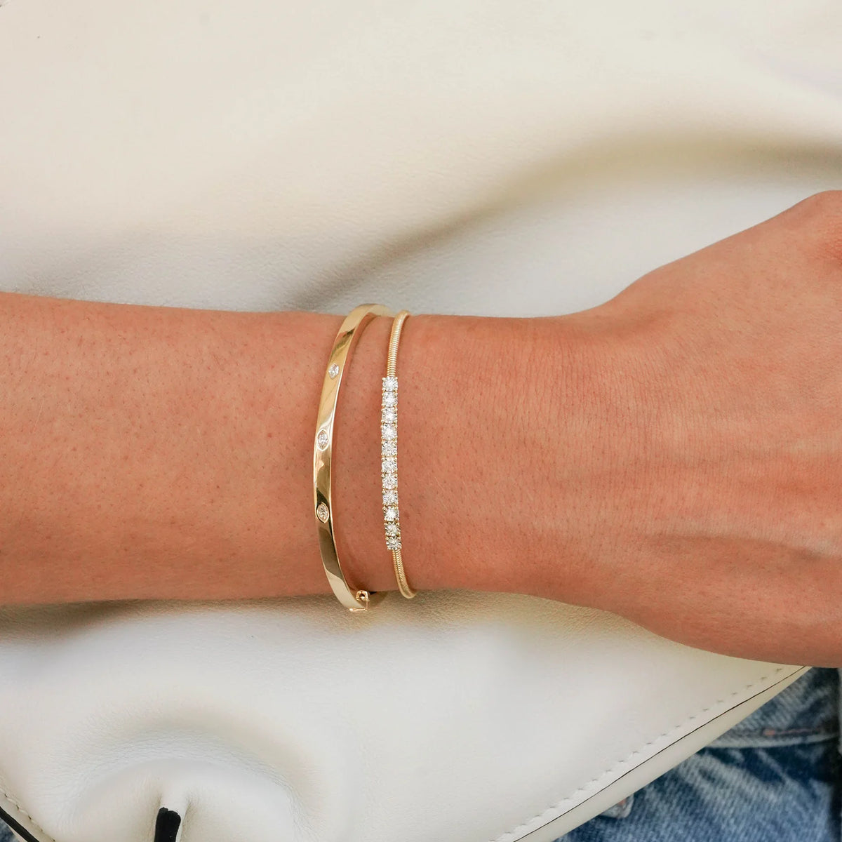 Dana Rebecca Designs Ava Bea Flexi Cuff Bracelet in yellow gold on models wrist