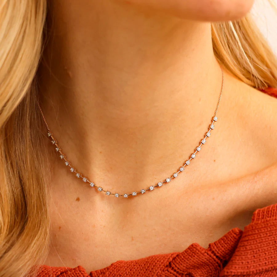 Single Dana Rebecca Designs Ava Bea Interval Tennis Necklace in yellow gold on models neck