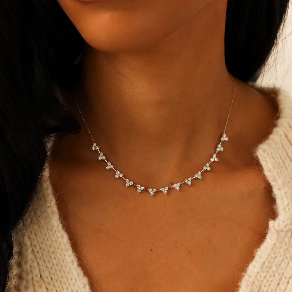 Single Dana Rebecca Designs Ava Bea Interval Trio Tennis Necklace in white gold on models neck