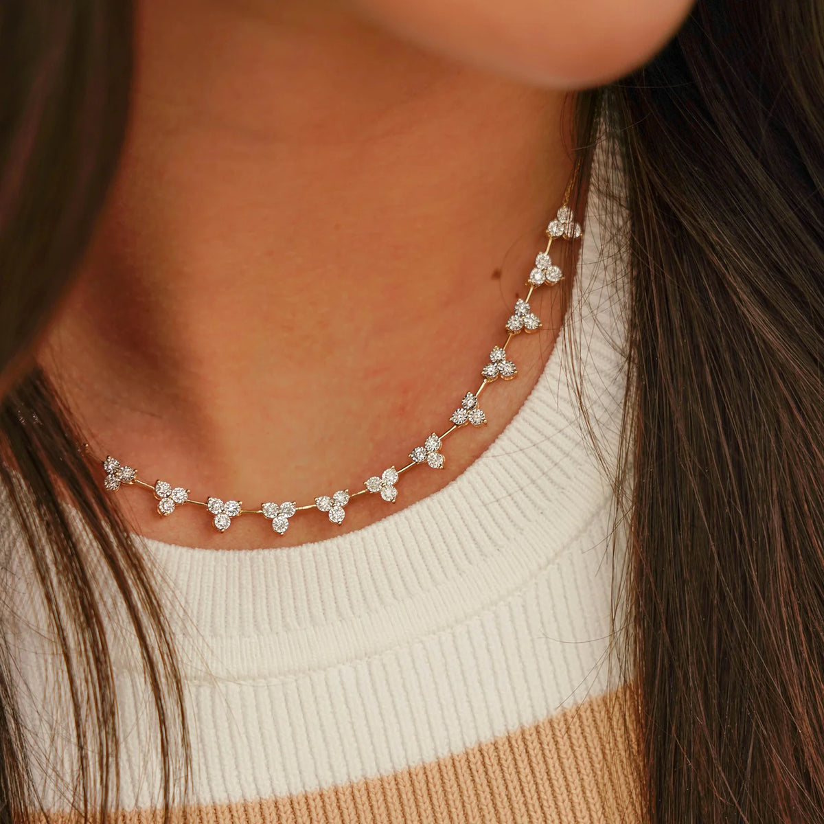 Single Dana Rebecca Designs Ava Bea Interval Trio Tennis Necklace in yellow gold styled on models neck