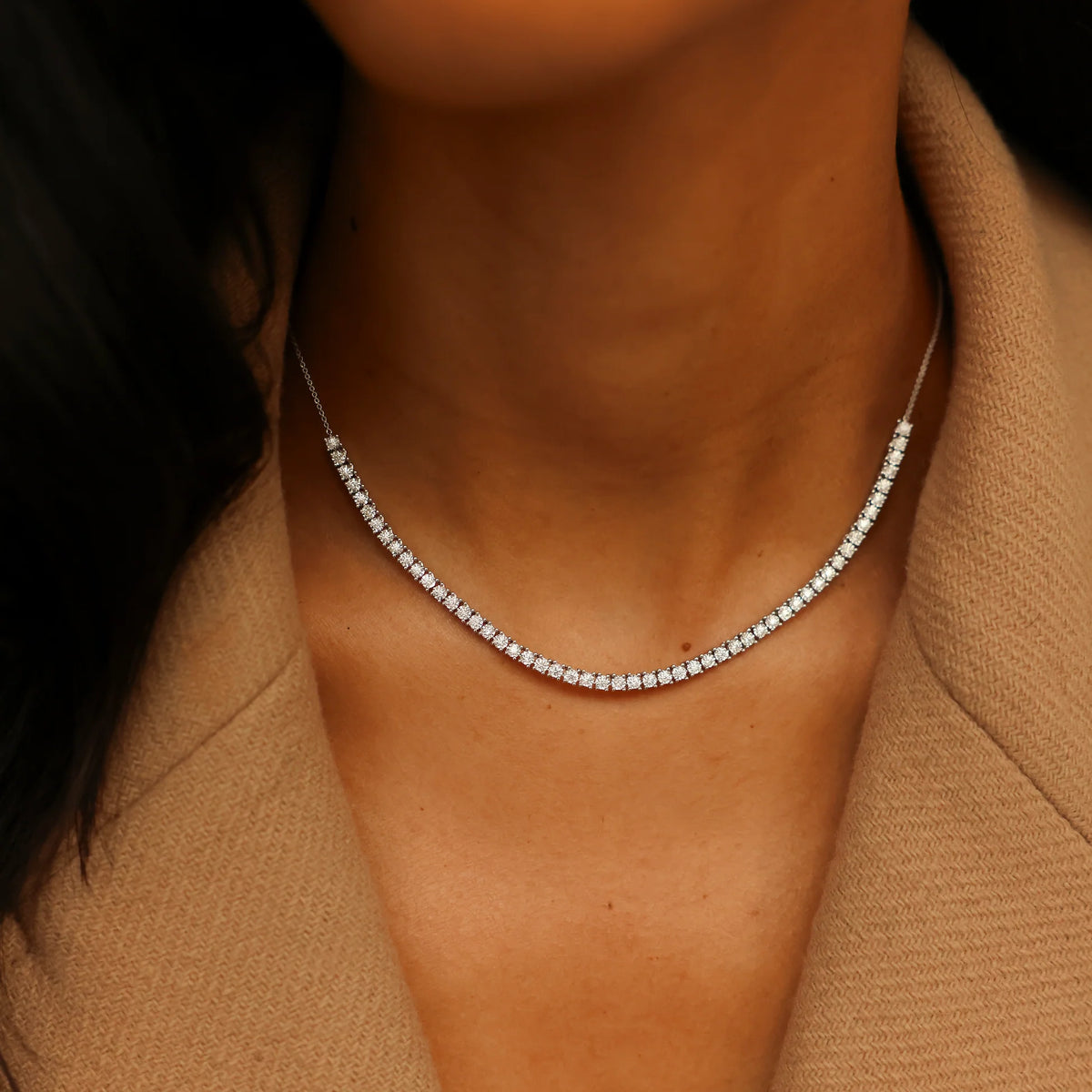 Single Dana Rebecca Designs Ava Bea Tennis Necklace in white gold on models neck