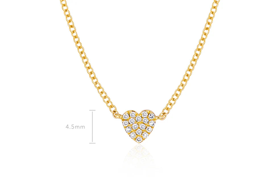EF Collection Baby Diamond Heart Necklace in yellow gold with dimensions.