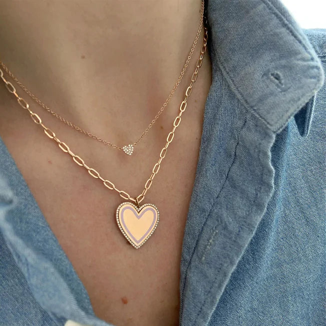 EF Collection Baby Diamond Heart Necklace in yellow gold on models neck