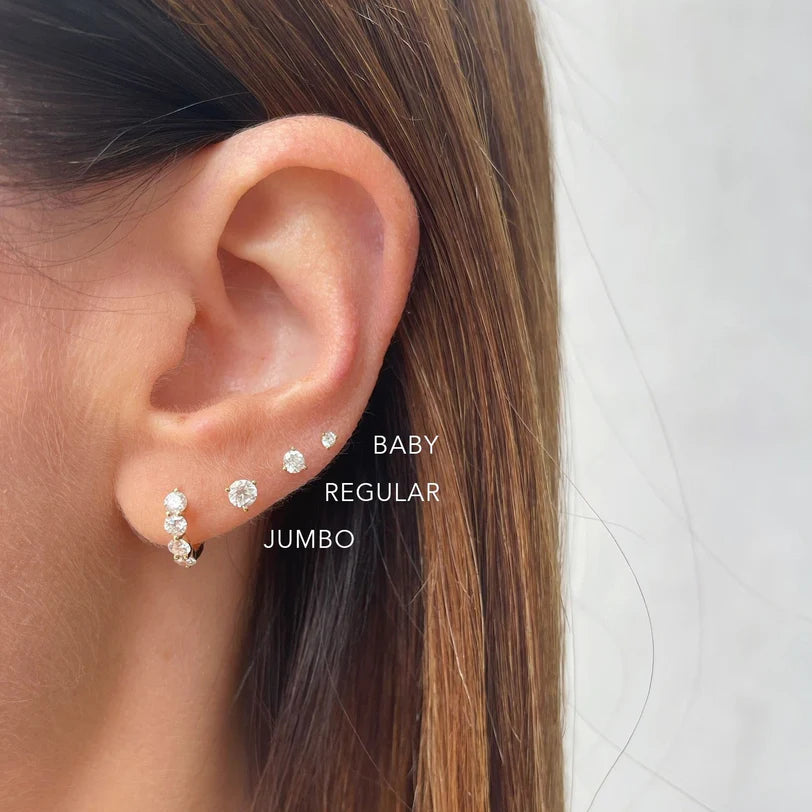 EF Collection Baby Solitaire Diamond Stud Earring in white gold comparing solitaire diamond stud earring sizes.