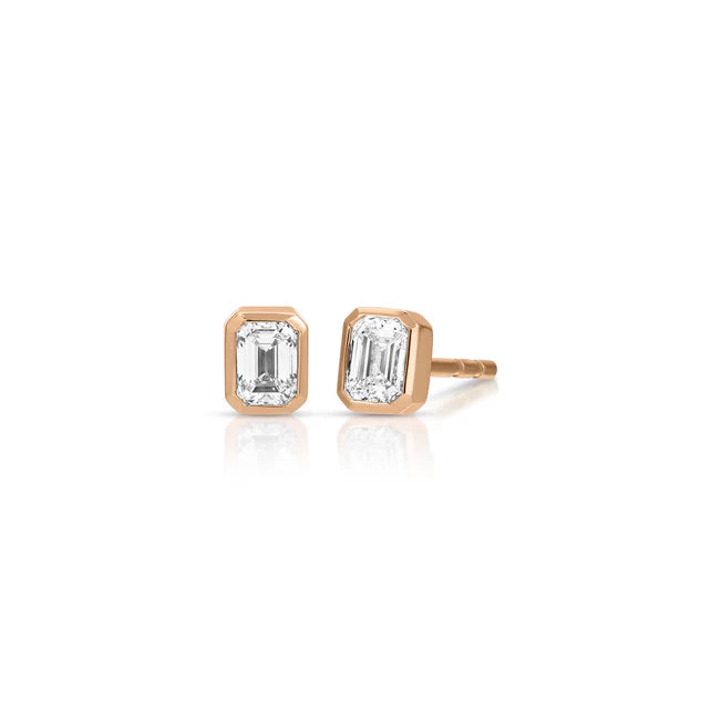 Ef collection Bezel Set Emerald Cut Diamond Stud Earring in rose gold on white background.
