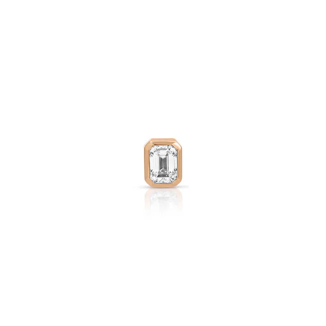 Ef collection Single Bezel Set Emerald Cut Diamond Stud Earring in rose gold on white background.