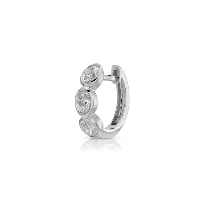 Single EF Collection Bezel Set Oval Diamond Huggie Earrings in white gold on white background