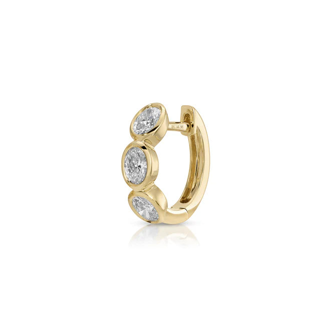 Single EF Collection Bezel Set Oval Diamond Huggie Earrings in yellow gold on white background