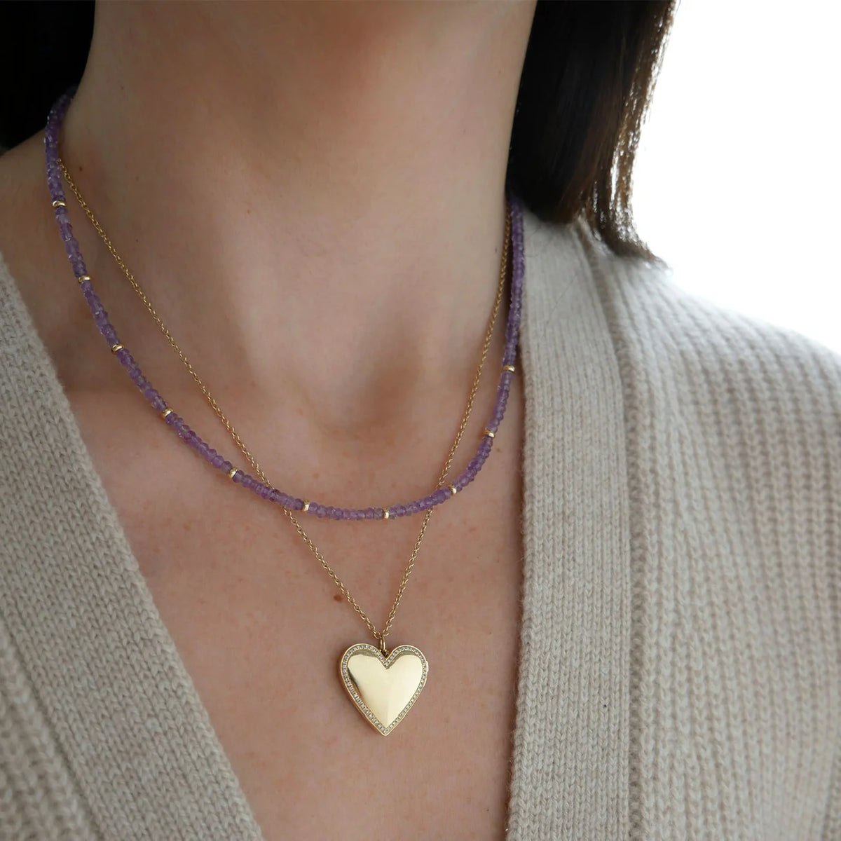 EF-Collection Birthstone Bead Necklace In Amethyst styled on models neck