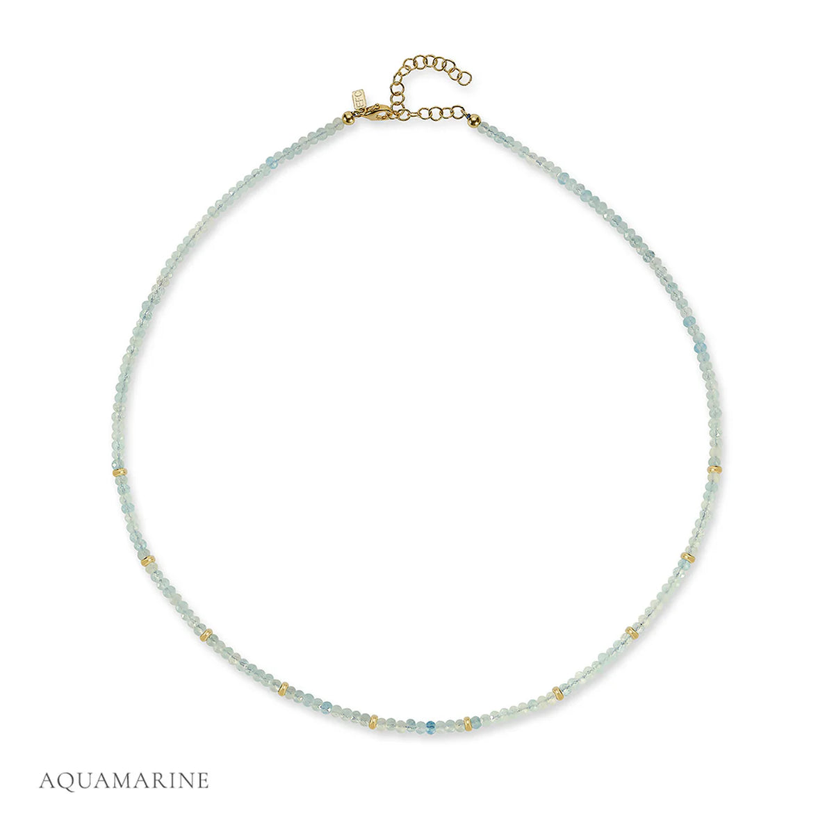 EF-Collection Birthstone Bead Necklace In Aquamarine in yellow gold on white background with clasp