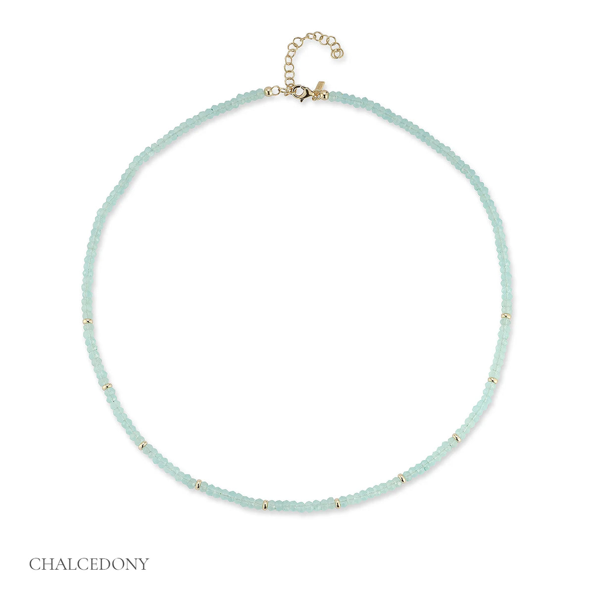EF-Collection Birthstone Bead Necklace In Chalcedony in yellow gold on white background with label