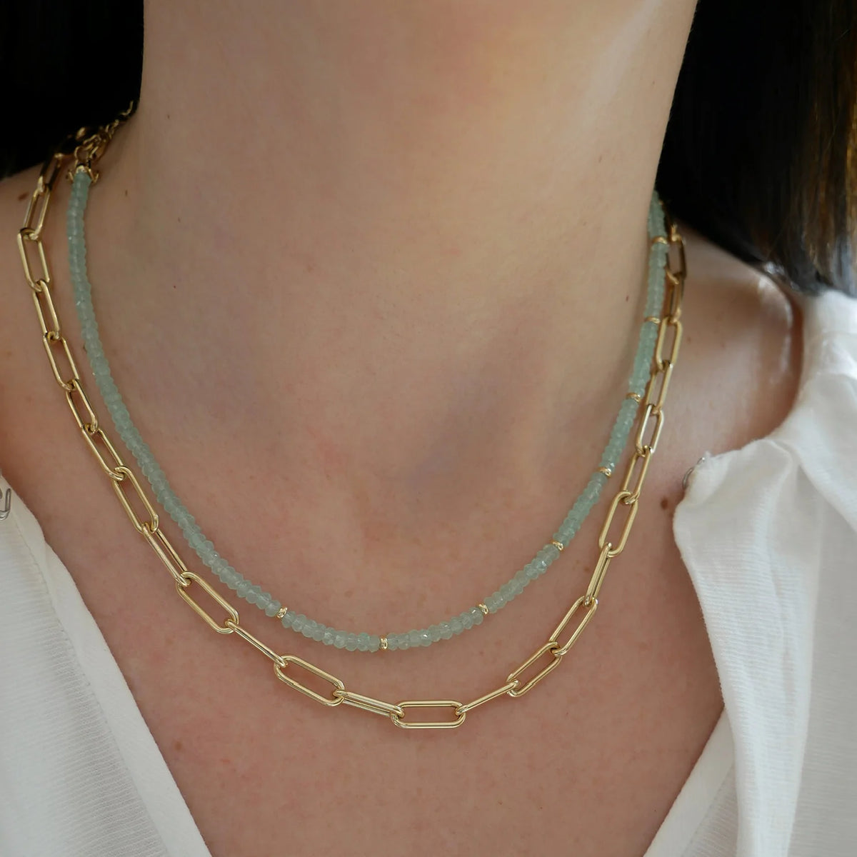 EF-Collection Birthstone Bead Necklace In Chalcedony in yellow gold on models neck with jumbo chain necklace