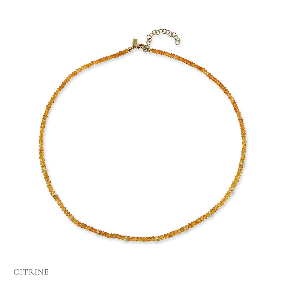 EF-Collection Birthstone Bead Necklace In Citrine in yellow gold on white background with label