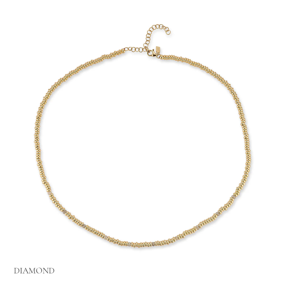 EF-Collection Birthstone Bead Necklace In Diamond in yellow gold on white background labeled