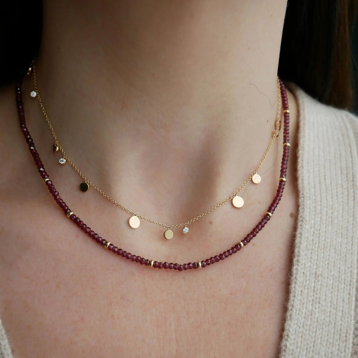 EF-Collection Birthstone Bead Necklace In Garnet in yellow gold styled on models neck