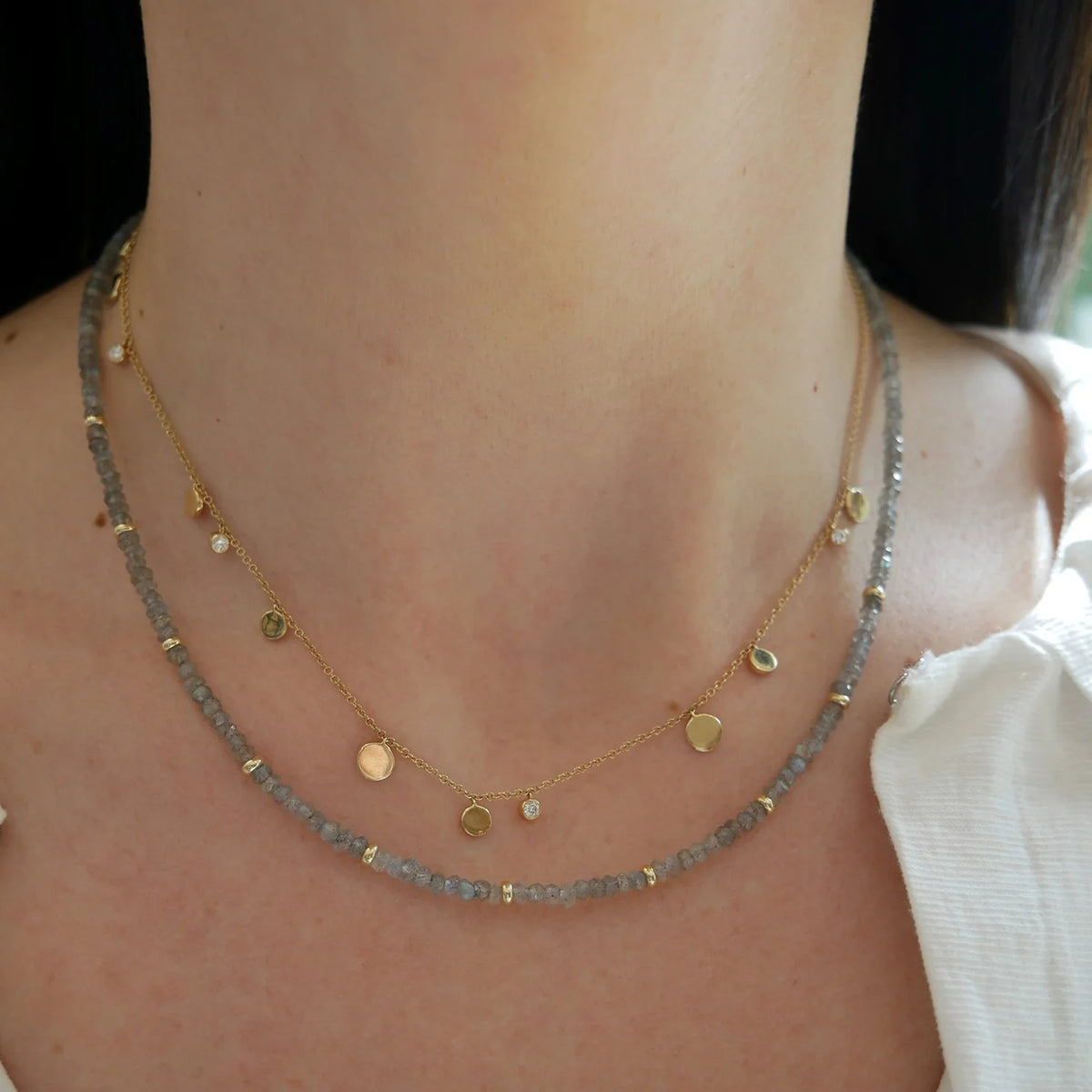EF-Collection Birthstone Bead Necklace In Labradorite in yellow gold styled on models neck