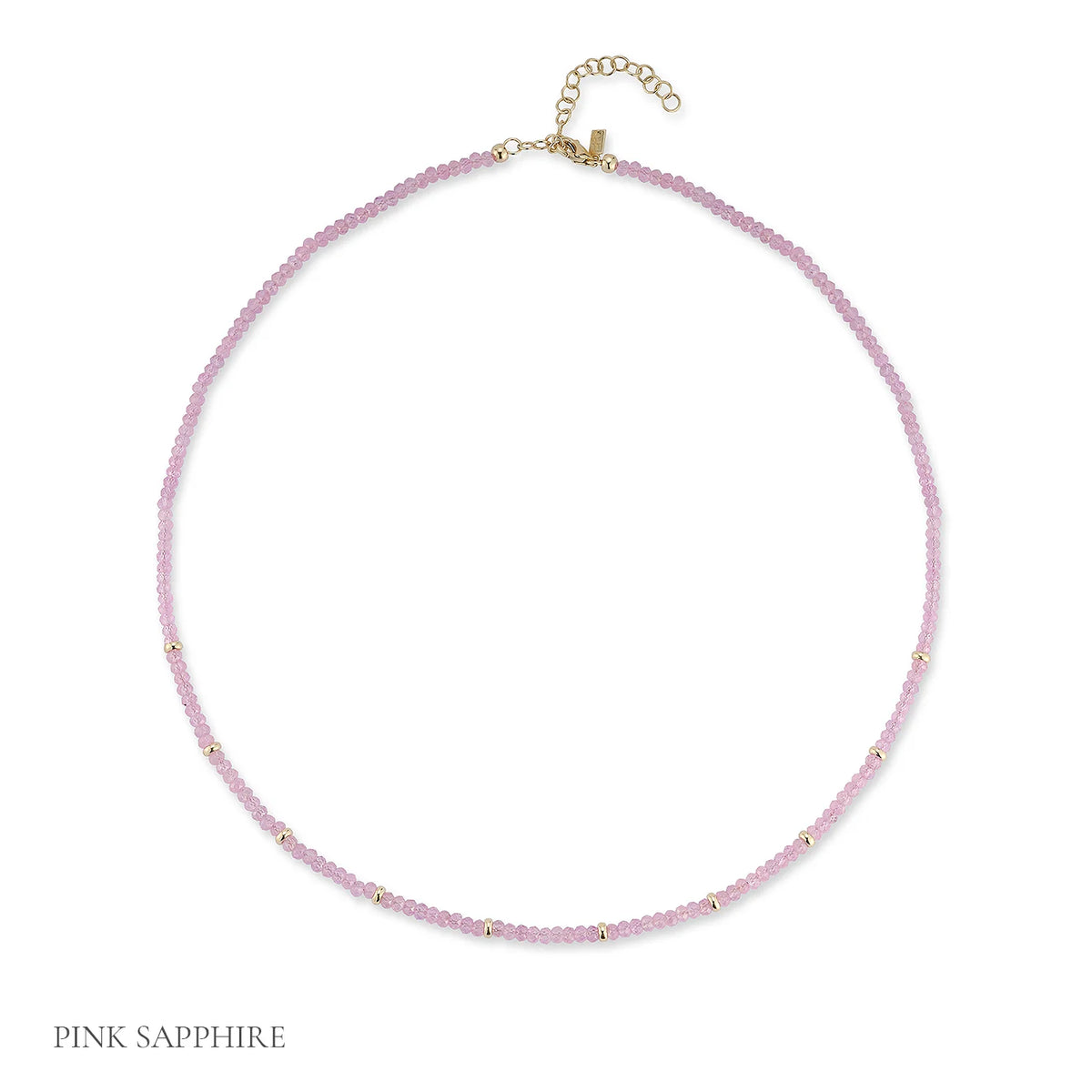 EF-Collection Birthstone Bead Necklace In Pink Sapphire in yellow gold on white background with label