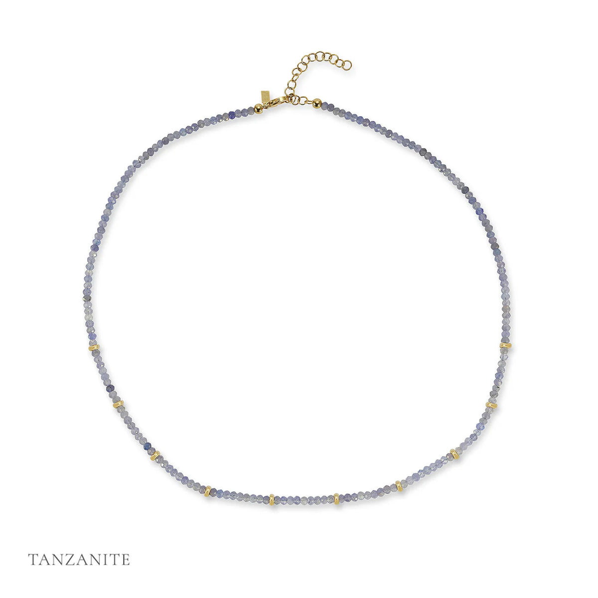 EF-Collection Birthstone Bead Necklace In Tanzanite in yellow gold on white background labeled