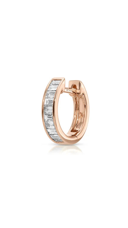 Single EF-Collection Channel Set Diamond Baguette Huggie Earrings in rose gold on a white background