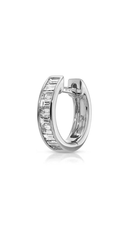 Single EF-Collection Channel Set Diamond Baguette Huggie Earrings in white gold on a white background
