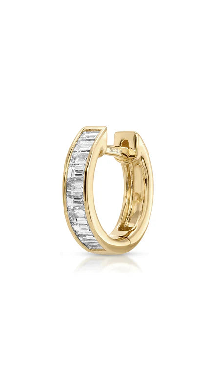 Single EF-Collection Channel Set Diamond Baguette Huggie Earrings in yellow gold on a white background