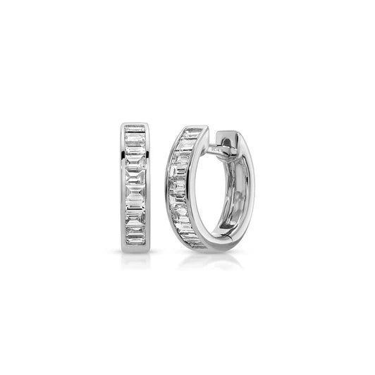 EF-Collection Channel Set Diamond Baguette Huggie Earrings in white gold on a white background