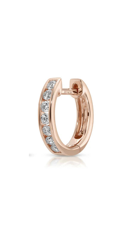Single EF-Collection Channel Set Diamond Huggie Earrings in rose gold on white background