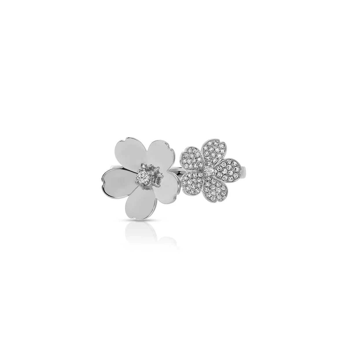 EF-Collection Diamond and Gold Double Cherry Blossom Ring in white gold on white background