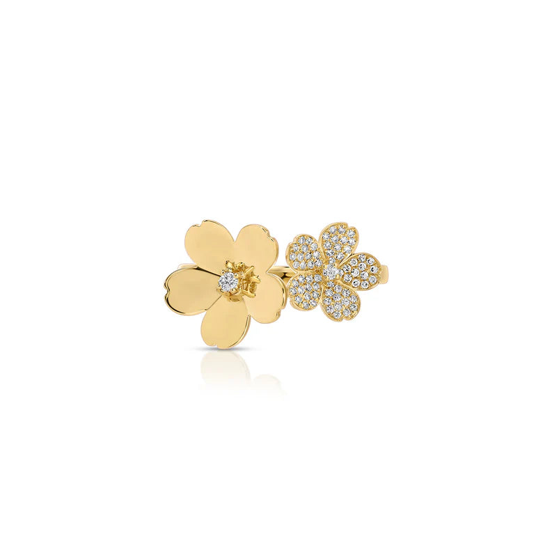 EF-Collection Diamond and Gold Double Cherry Blossom Ring in yellow gold on white background