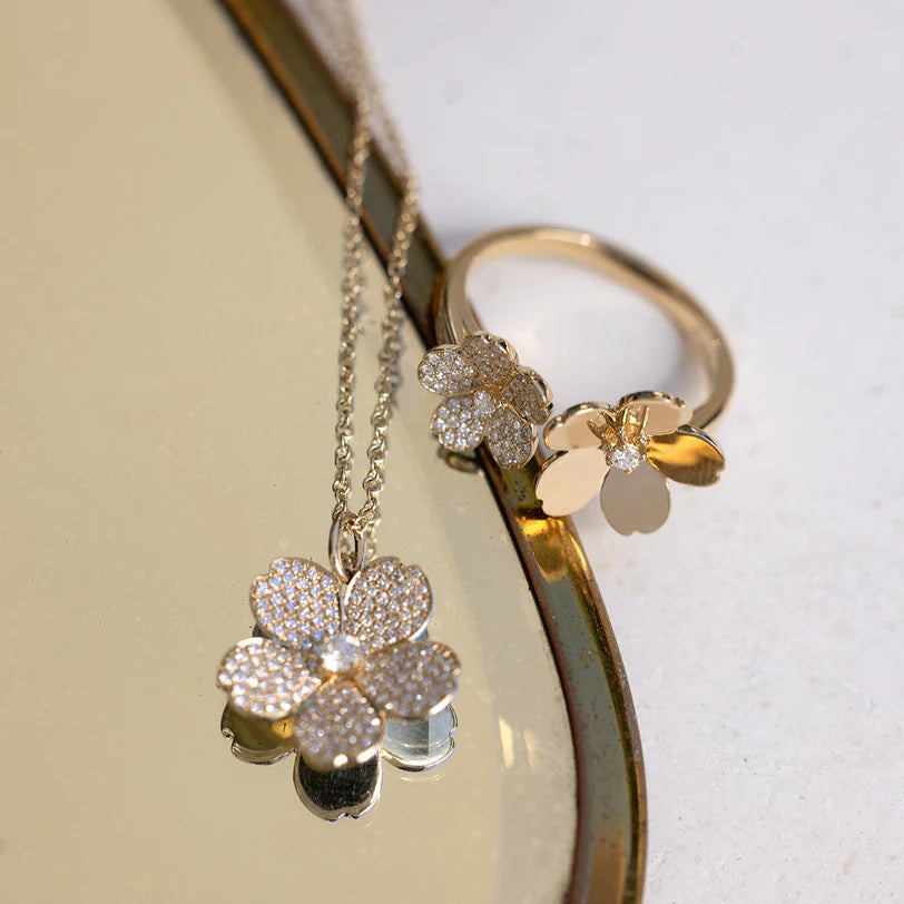 EF-Collection Diamond and Gold Double Cherry Blossom Ring in yellow gold styled with the necklace from the same collection