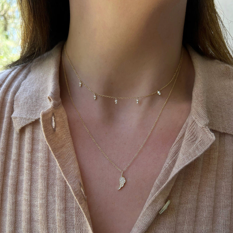 EF Collection Diamond Angel Wing Necklace in yellow gold styled on models neck