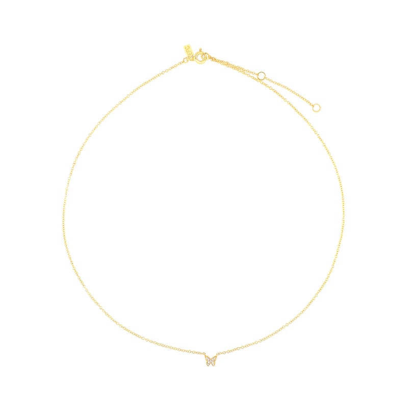 Full photo of EF Collection Diamond Baby Butterfly Necklace in yellow gold on white background.