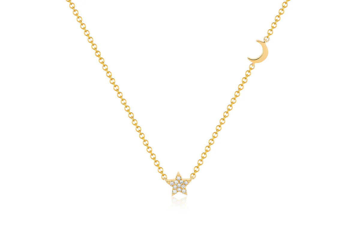 EF Collection Diamond Baby Star & Gold Moon Necklace in yellow gold on white background.