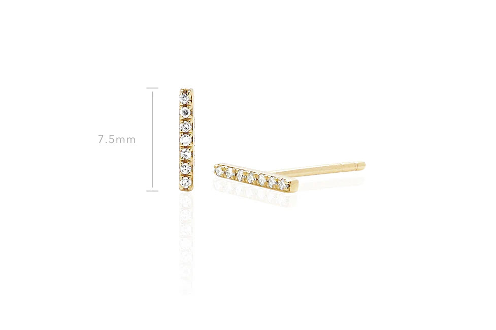 Dimensions of EF Collection Diamond Bar Stud Earring in yellow gold on white background.