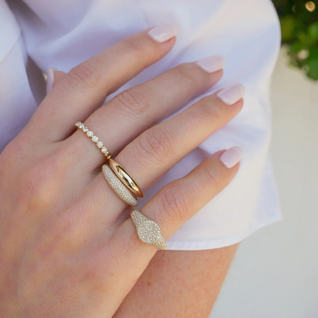 EF-Collection Diamond Bezel Stack Band Ring in yellow gold styled on models finger with other kinds ef collection rings