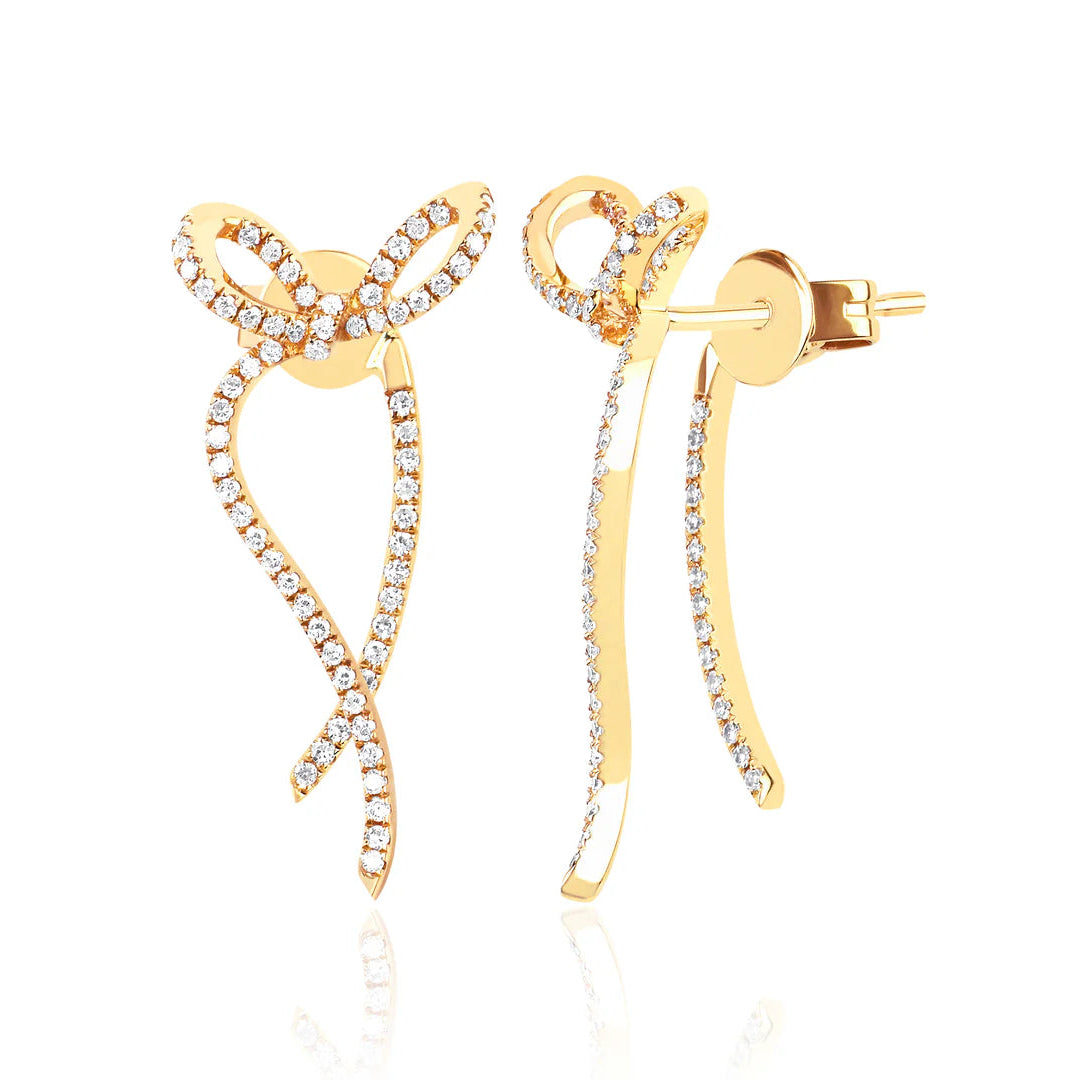 EF-Collection Diamond Bow Earrings in yellow gold on white background