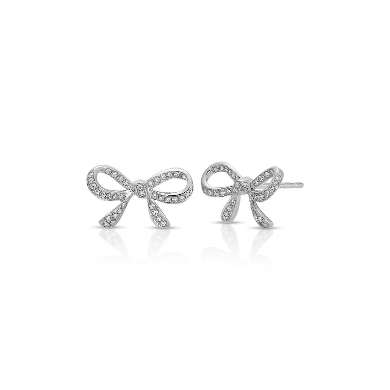 EF Collection Diamond Bow Stud Earrings in white gold on white background.