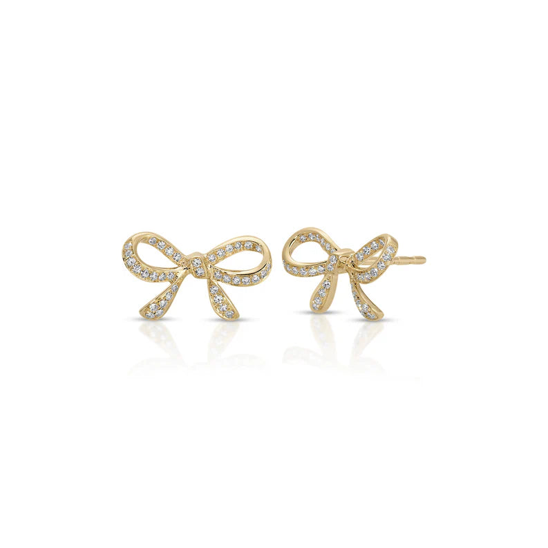 EF Collection Diamond Bow Stud Earrings in yellow gold on white background.